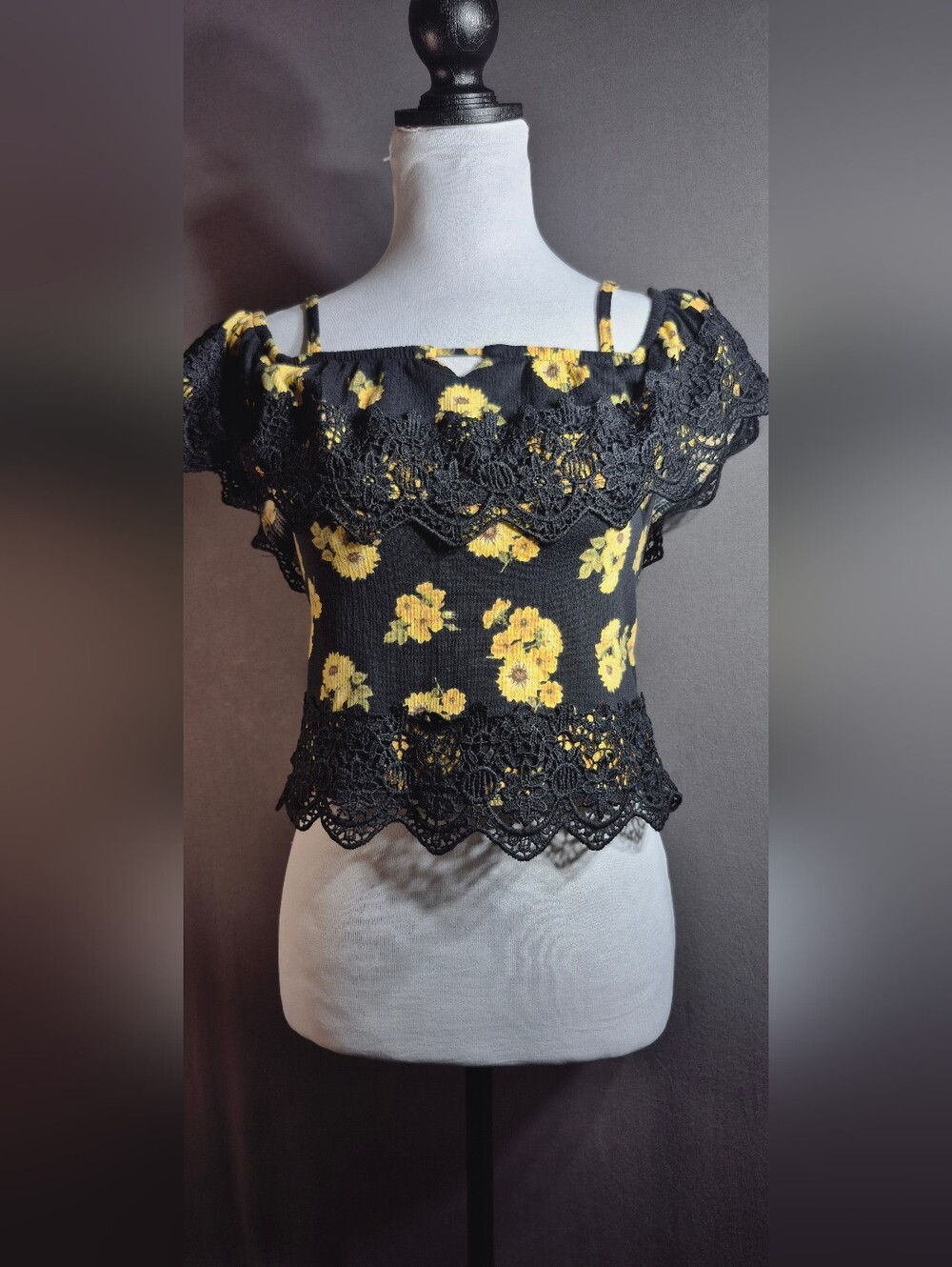 No Boundaries Black and Yellow Lace-Trim Off-Shoulder Floral Top